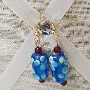 Blue Glass Floral and Red Beaded Earrings